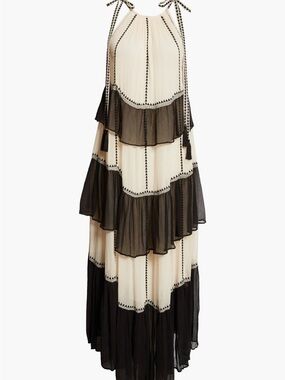 Tiered Black and Cream Halter Maxi Dress